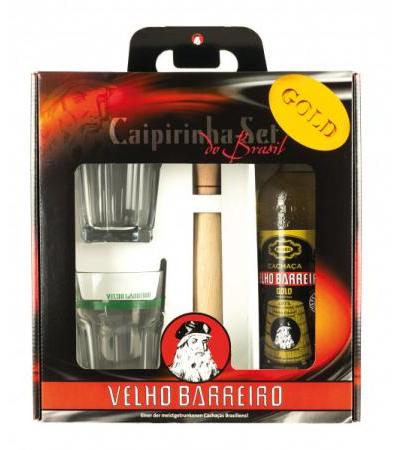 Velho Barreiro Gold Caipirinha-Set mit zwei Gläsern und Stampfer