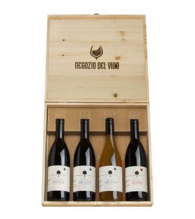 In Wooden Box 4 Wines, Nobile, Obvius Oro, Chianti, Rosso Montepulciano Salcheto Organic wine