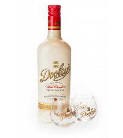 Dooley's White Chocolate Cream Liqueur mit zwei Gläsern